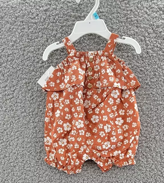 CARTER'S Floral Ruffle Romper Baby Girls NB Brown/White Button Front Sleeveless