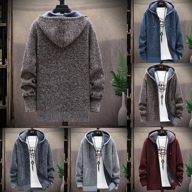 Men Drawstring Fleece Lined Hoodie Zip Coat Jacket Sweatshirt Tops Thick Warm