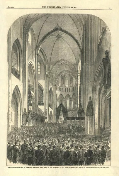 King of Denmark's burial. Funeral service in Roskilde Cathedral 1864 ILN print