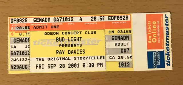 2001 Ray Davies The Kinks Cleveland Concert Ticket Stub You Really Got Me