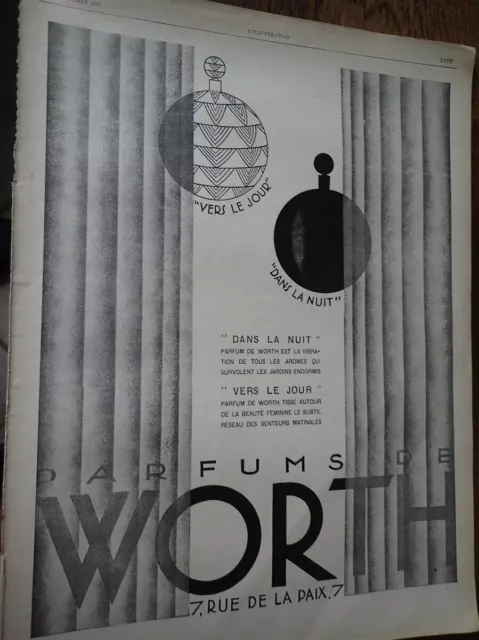WORTH parfums VERS LE JOUR et DANS LA NUIT publicité papier ILLUSTRATION 1927 co