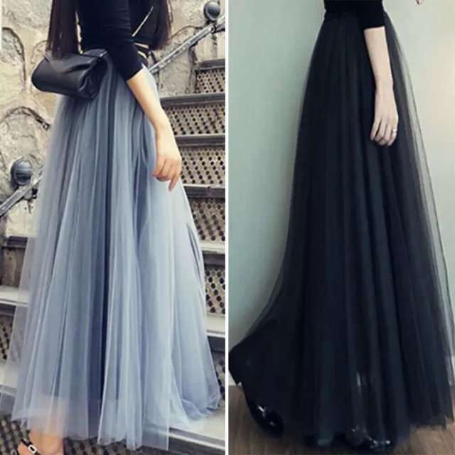 Women Ladies Mesh Tulle Tutu Maxi Skirt Layered Pleated Party Elegant Long Dress