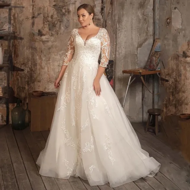 Plus Size 3/4 Sleeve Wedding Dress Appliqué Lace V Neck train Bridal gown