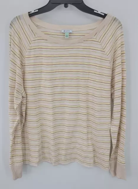 Susina Top Womens Large Tan Stripe Boat Neck Semi Sheer Knit Pullover Boho