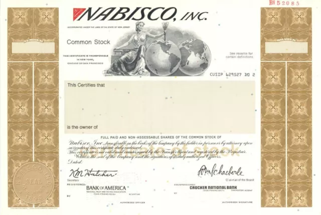 Nabisco, Inc. - 1898 Specimen Stock Certificate - Specimen Stocks & Bonds