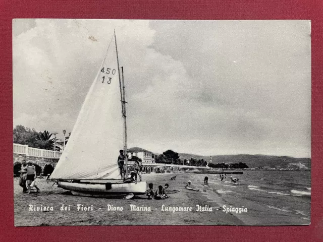 Cartolina - Riviera dei Fiori - Diano Marina - Lungomare Italia - Spiaggia 1957