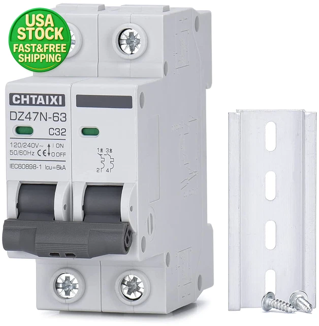 32A 2 Pole AC Miniature Circuit Breaker 120V 240V DIN Rail MCB C32 Switch