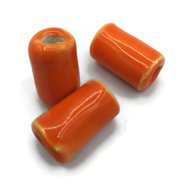 25 mm Handmade Ceramic Tube Beads Large Hole 3 Pcs Orange Craft Macrame Jewelry
