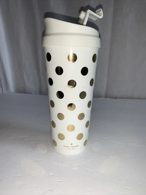 Kate Spade Gold Polka Dot Print 16Oz Thermal Travel Mug Coffee Cup Hot Cold