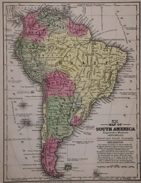 Dated 1839 Mitchell's Atlas Map ~ SOUTH AMERICA - BUENOS AYRES, PATAGONIA