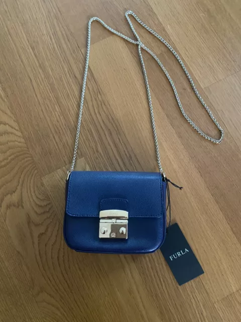 FURLA  Metropolis Mini-Umhängetasche Crossbody Blau Gold Neu