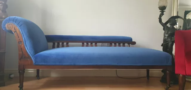 Blue Linwood Velvet Newly Upholstered Victorian Mahogany Chaise Longue