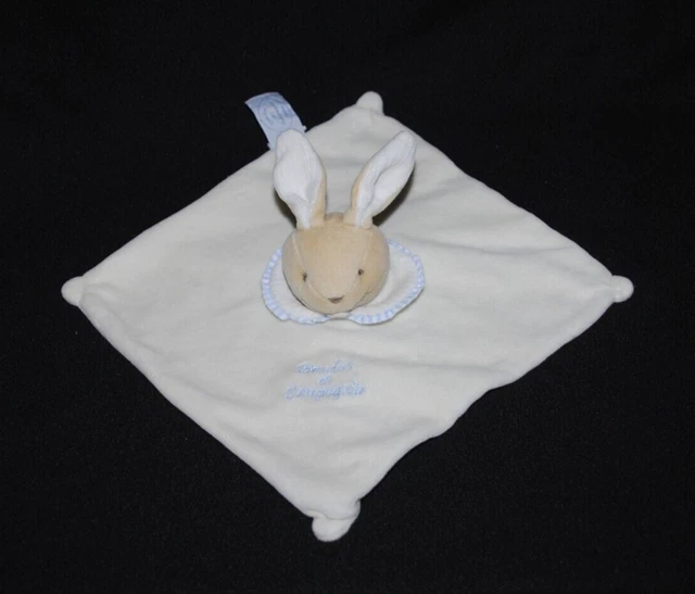 Lapin plat crème DOUDOU ET COMPAGNIE col rayé bleu blanc TTBE