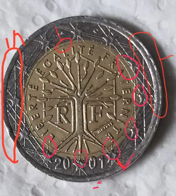 Moneda de 2 euros de Francia año 2001 error acuñación los dos ceros cortados