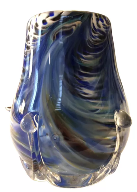 Hand Blown Heavy Art Glass Vase Cobalt Blue White Clear Brown Green Swirl 3.5”h