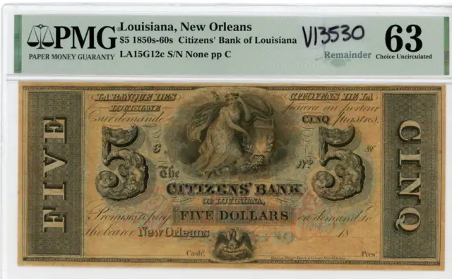 NobleSpirit No Reserve US 50's-60's Citizens Bank of Louisiana 5 Cinq PMG 63