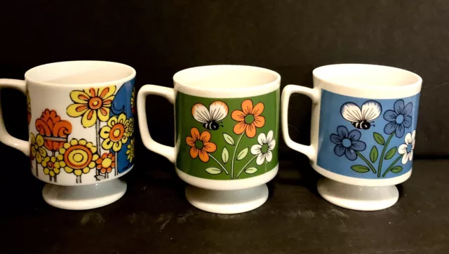 Vintage Ceramic Childrens Coffee Mug Hippo Bees Flowers 6 oz Set of 3 3