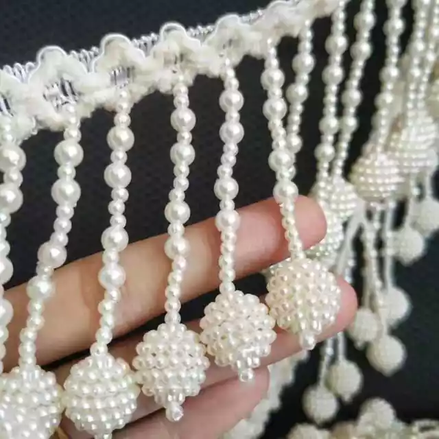 Pearls Dangling Beaded Tassel Fringe Lace Trim Ribbon For Dress DIY Crafts 1Yard