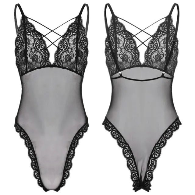 Mens See-through Bodysuit Floral Lace Mesh Strappy Leotard Crossdress Nightwear