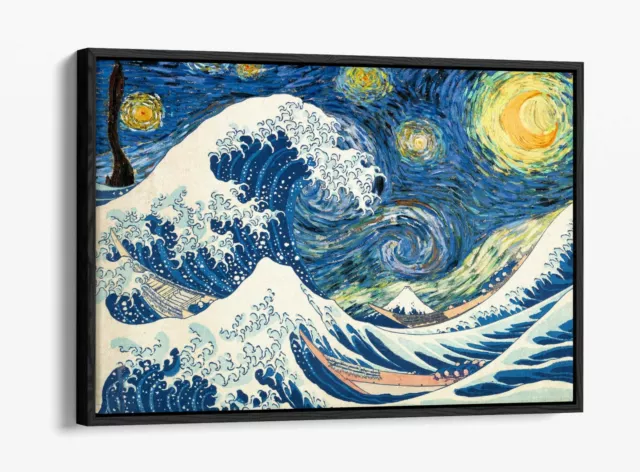 Hokusai Great Wave Van Gogh Starry Night -Float Effect Canvas Wall Art Pic Print