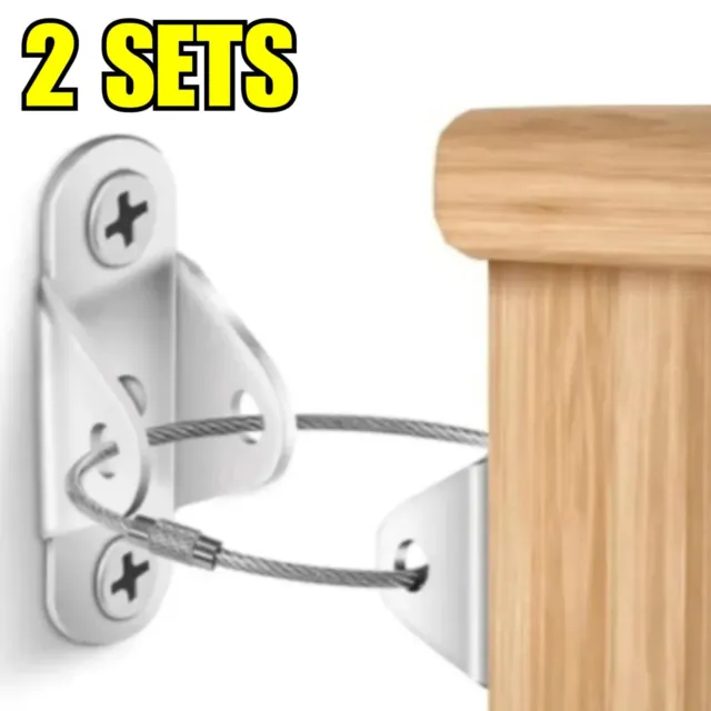 2x Sets Metal Anti Tip Furniture Safety Straps Wall Anchors Kit Baby Protector