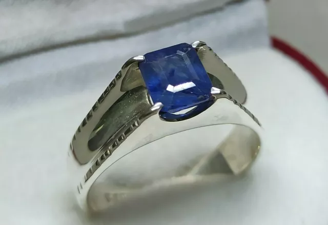 Emerald Cut Natural Blue Sapphire Sterling Silver 925 Handmade Neelam Women Ring