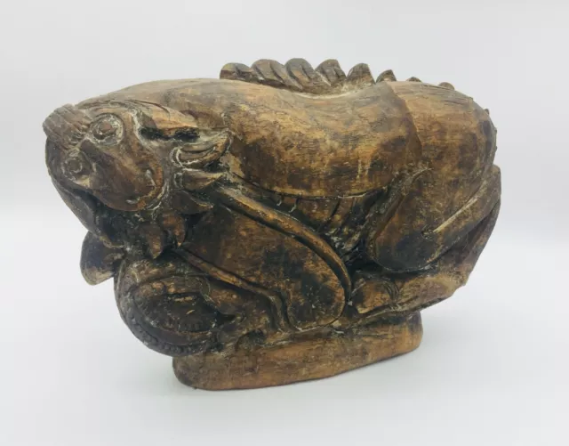 Antique Hand Carved Wood Foo Dog Fu Dog Aged Asian Folk Art Dragon Lizard Sheep