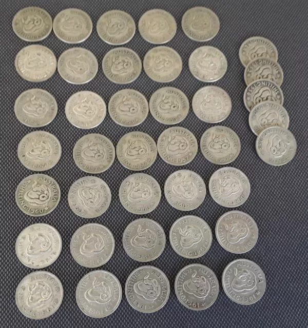 35 X Australian Circulated 50% Silver  Shilling Coins,   Also 5 Free Coins.