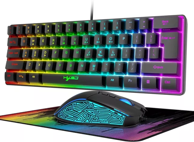 Wired 60% Ultra-Compact RGB Backlit 61 Keys Gaming Keyboard+Mouse set PC PS4 PS5