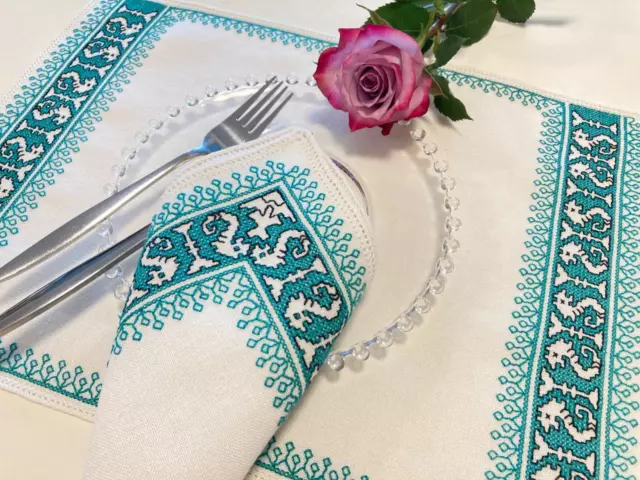 Vintage Hand Embroidered Assisi  Blue Placemats Napkins Runner 9pc set RARE