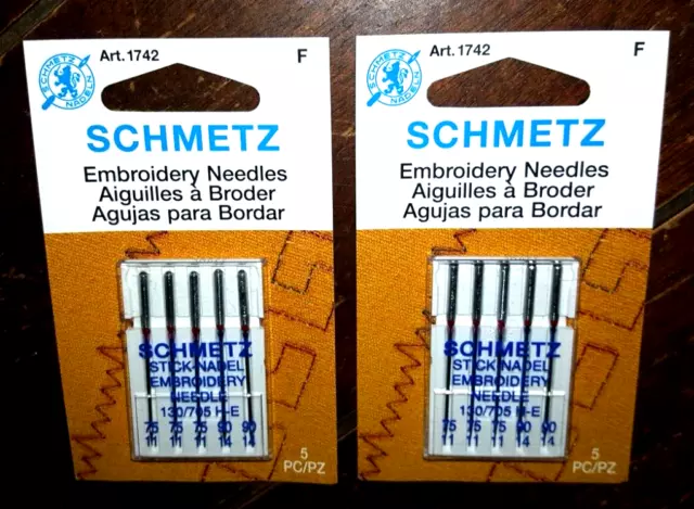 Lot of 2 Schmetz 5pc EMBROIDERY Sewing Needles (130/705 H-E) - Model #1742