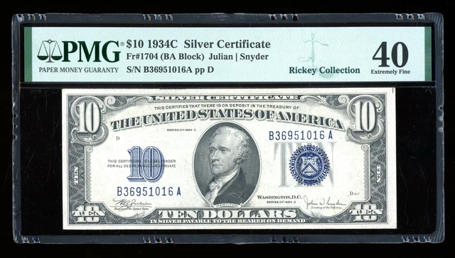 DBR 1934-C $10 Silver Fr. 1704 PMG XF-40 Serial B36951016A