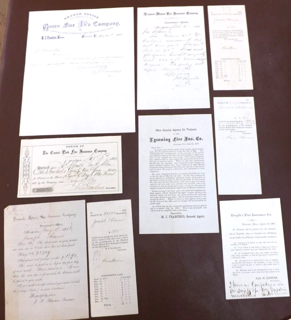1858 Fire Insurance Letterhead Receipts Notices Lot Joseph Adams Fair Haven Vt.