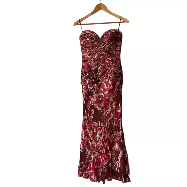 Vtg Jovani Silk Strapless Gown Dress Red Burgundy Gold Floral Beaded Size 4