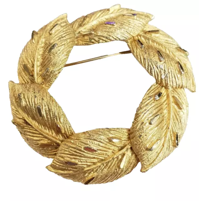 Vintage Coro Brooch Pin, Textured Gold-tone, Leafs Wreath Mid-century Designer