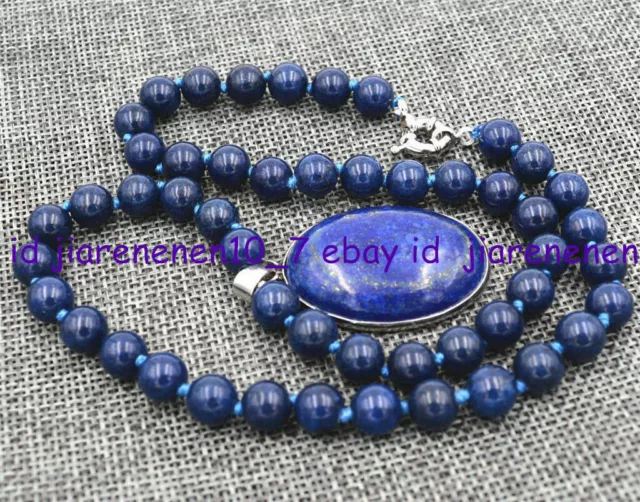 8mm Natural Egyptian Lapis Lazuli Gemstone Pendant Beads Necklace 18 in AAA