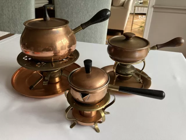 Vintage Copper Fondue-style Pots with Stands/Burners – Set of 3