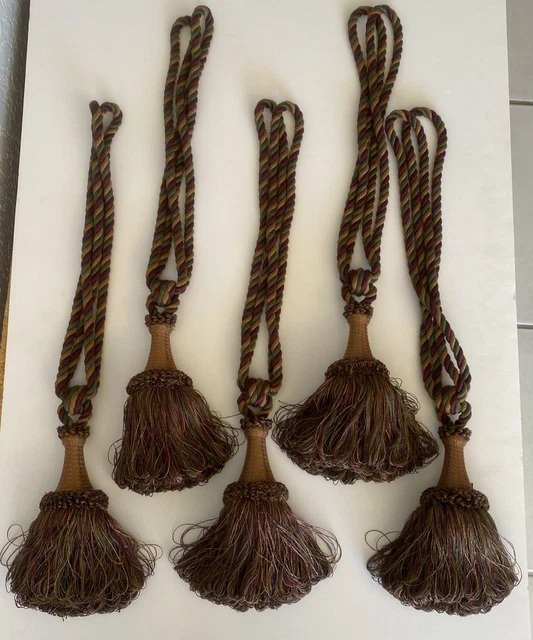 Set/5 --burgundy-olive-tan-- High End LUXURY Curtain Drape Tassel Tie Backs 23"