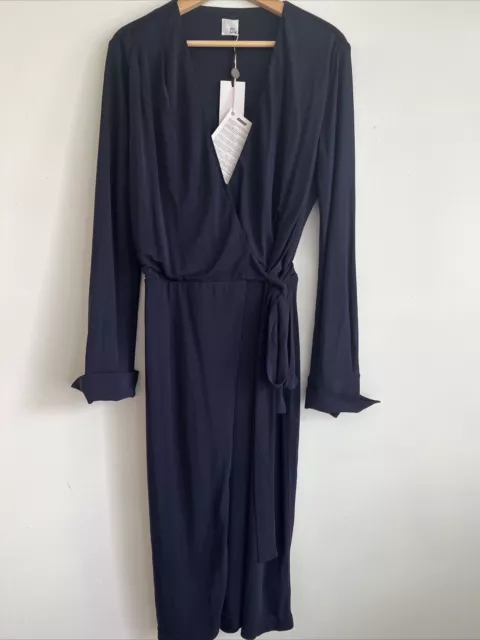 New Iris & Ink Ladies Wrap Midi Dress Navy Blue Long Sleeve Size 14 NWT