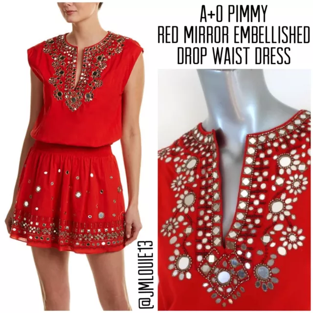 Alice + Olivia Pimmy Red Mirror Embellished Drop Waist Dress $465 Sz 2 XS