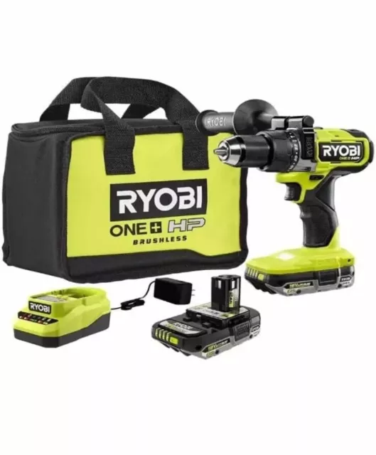 Ryobi Brushless Cordless Hammer Drill Kit w (2) HP 2.0 Ah ONE+ 18V Batteries Bag