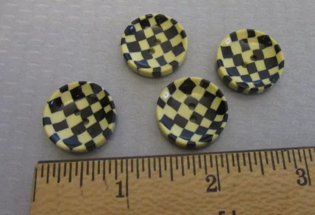 20s deco laminated celluloid CHECKERED COOOKIE BUTTONS set 4 black cream 7/8" 3