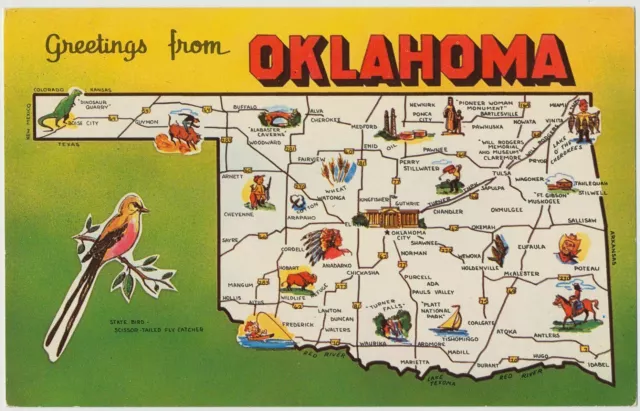 Vintage Map, State Bird Postcard - Oklahoma "The Sooner State"