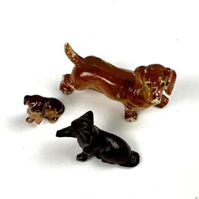 Lot of 3 Vintage Figurines Dachshund Weiner Brown Dogs Ceramic 1" 2.5" Miniature