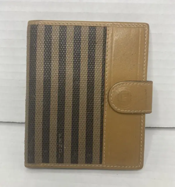 Vintage Fendi Brown Leather Credit Card Holder Wallet Tan Stripe Snap shut