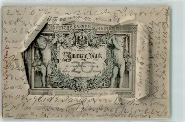 13193424 - Reichskassenschein Zwanzig Mark durchbrochene Papierwand Geldschein