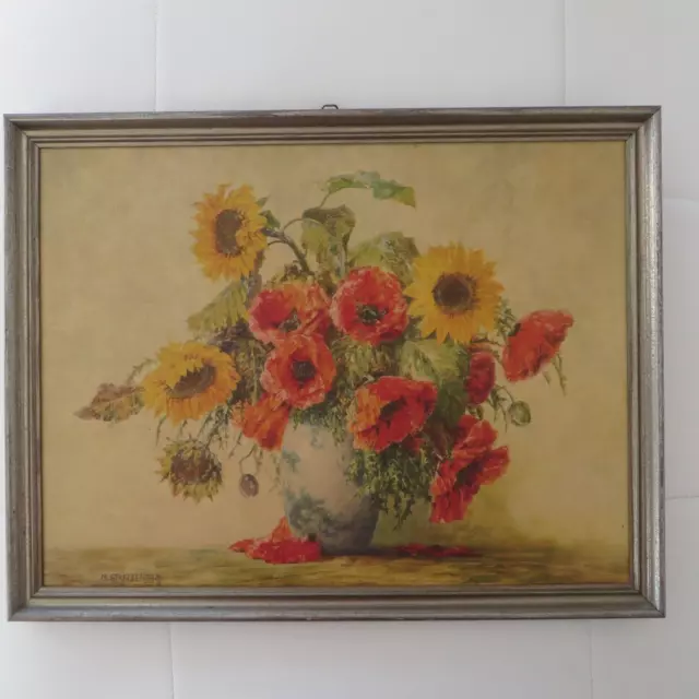 Gemälde M. Streckenbach Signatur Mohn und Sonnenblume Stillleben 1900 Kunstdruck
