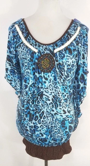 Krista Lee Women's Blouse Size M Blue Black Animal Print Beaded Embroidered