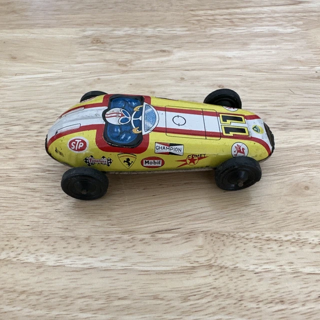 VINTAGE PETROLIANA LITHO Japanese Tin Race Car Toy Yellow 11 Mobil