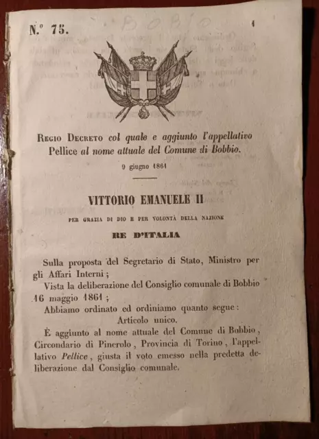 14949-Vittorio Emanuele Ii,Decreto 75,Si Aggiunge L'appellativo Pellice A Bobbio